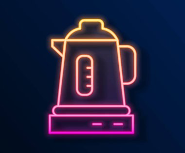 Parlayan neon hattı elektrik ısıtıcısı simgesi siyah arkaplanda izole edildi. Çaydanlık ikonu. Vektör