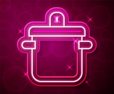 Parlak neon hattı kırmızı arka planda izole edilmiş tencere ikonu pişirme. Haşlama ya da güveç besin sembolü. Vektör