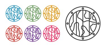 Beyaz arkaplanda izole edilmiş yuvarlak ahşap kalkan simgesi oluşturun. Güvenlik, güvenlik, koruma, mahremiyet, koruma kavramı. Simgeleri renklendirin. Vektör