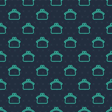 Yeşil çizgi cüzdan simgesi mavi arkaplanda kusursuz desen izole etti. Çanta ikonu. Nakit tasarruf sembolü. Vektör