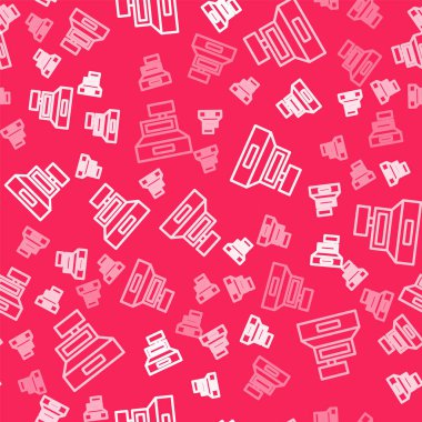 Kırmızı arka planda izole edilmiş bir çek simgesine sahip beyaz çizgi yazar kasa makinesi. Kasiyer tabelası. Tabut sembolü. Vektör