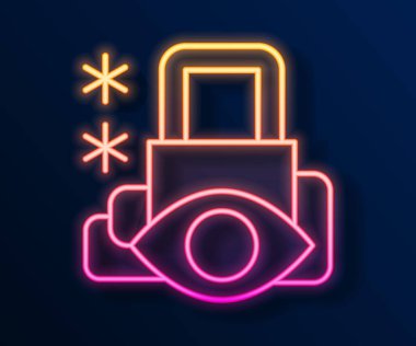 Parlayan neon hattı siber güvenlik simgesi siyah arkaplanda izole edildi. Dijital devre kartında kapalı asma kilit. Güvenlik kavramı. Dijital veri koruması. Vektör