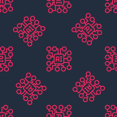 Kırmızı çizgi sinirsel ağ simgesi siyah arkaplanda izole edilmiş. Yapay zeka yapay zekası. Vektör