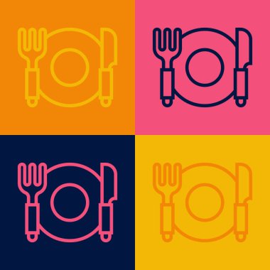 Pop sanat tabağı, çatal ve bıçak ikonu renk arkaplanında izole edilmiş. Çatal bıçak sembolü. Restoran tabelası. Vektör