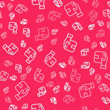 Kırmızı zemin üzerinde karton kutular ikonu olan beyaz çizgi teslimat eli izole edilmiş kusursuz desen. Kuryeyle kapı kapı dolaşacağız. Vektör