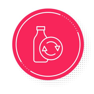 Beyaz arkaplanda izole edilmiş beyaz çizgi plastik şişe simgesi. Kırmızı daire düğmesi. Vektör