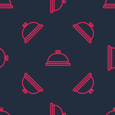 Kırmızı çizgi bir tepsi yiyecek ikonu ile kaplıydı. Siyah arka planda izole edilmiş kusursuz desen. Tepsi ve kapak işareti. Kapaklı bir restoran saati. Vektör