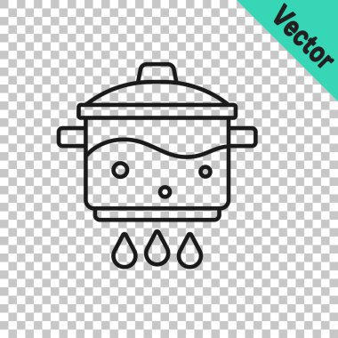 Siyah çizgi ateş ikonunda pişirme tenceresi şeffaf arka planda izole edildi. Haşlama ya da güveç besin sembolü. Vektör