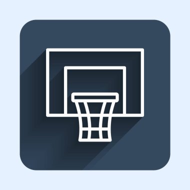Beyaz çizgi basketbol arka tahtası ikonu uzun gölge arkaplanı ile izole edilmiş. Mavi kare düğme. Vektör