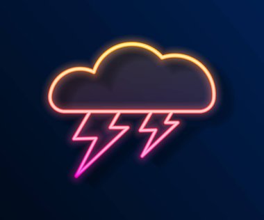 Parlayan neon hattı Storm simgesi siyah arkaplanda izole edildi. Bulut ve şimşek işareti. Fırtınanın hava durumu ikonu. Vektör