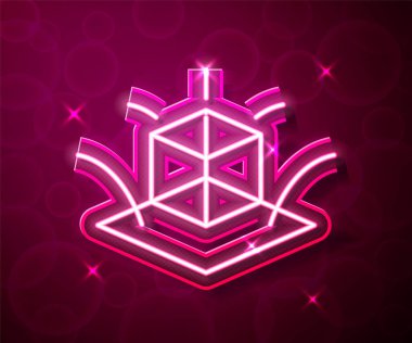 Parlayan neon hattı 3D modelleme simgesi kırmızı arkaplanda izole edildi. Artırılmış gerçeklik mi yoksa sanal gerçeklik mi? Vektör