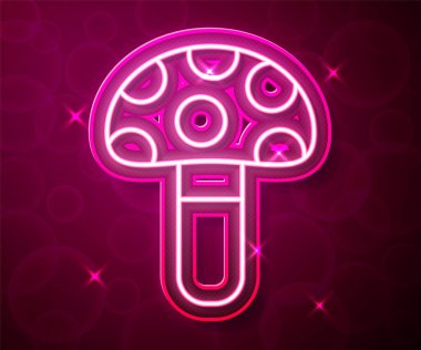Parlayan neon hattı Psilocybin mantar ikonu kırmızı arkaplanda izole edildi. Psikedelik halüsinasyon. Vektör