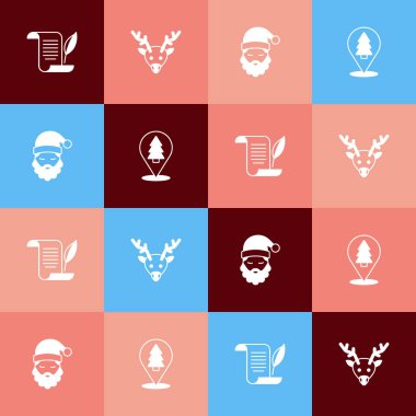 Pop sanat Zarfı, Ren Geyiği, Noel Baba şapkası, sakal ve Noel ağacı ikonu. Vektör
