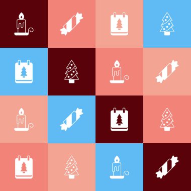 Pop sanatını, yanan mumları, şekeri, Noel takvimini ve ağaç simgesini ayarla. Vektör