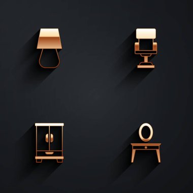 Masa lambası, ofis koltuğu, gardırop ve uzun gölgeli giyinme masası simgesi. Vektör