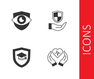 Hayat sigortası, kalkan ve göz, kalkanlı ve el ikonlu mezuniyet şapkası. Vektör