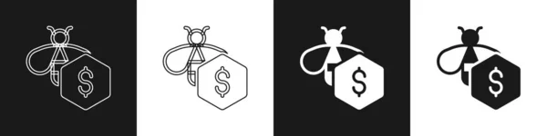 黒と白の背景に隔離されたミツバチのアイコンのセット販売 甘い自然食品 ミツバチや羽のシンボルを持つ猿 空飛ぶ虫 ベクトル — ストックベクタ