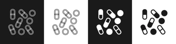 设置医疗药瓶生物黑客图标隔离的黑白背景 药厂生物黑客 — 图库矢量图片
