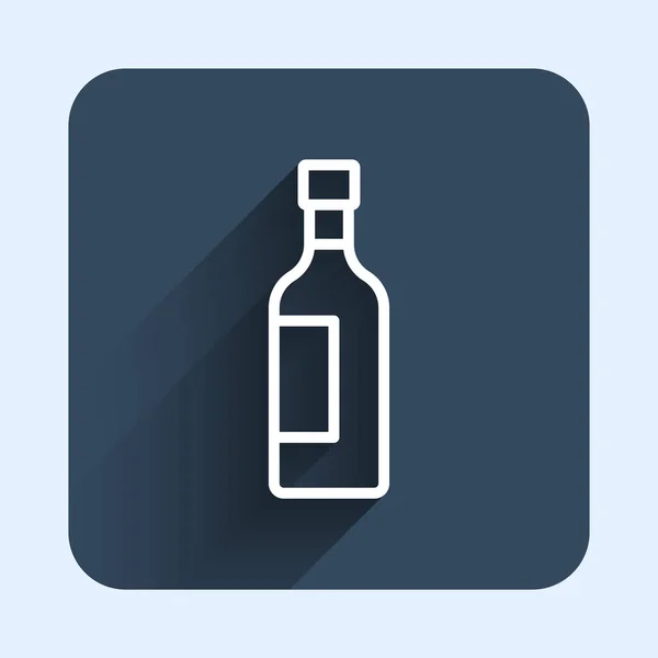 White Line Bottle Wine Icon Isolated Long Shadow Background Blue — Stock Vector