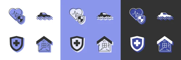 Set House Seguro Vida Con Escudo Icono Del Coche Inundación — Vector de stock