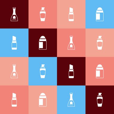 Oje şişesi, tüp el kremi, ruj ve deodorant rulo ikonu hazırla. Vektör