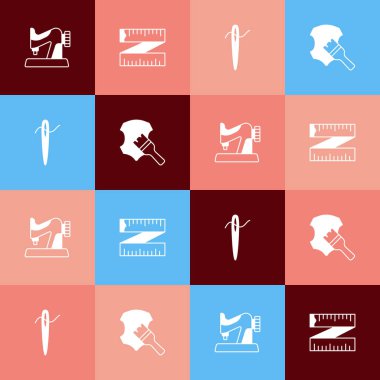 Pop sanat dikiş makinesini, mezurayı, iplik ve deri ikonu ile dikiş iğnesini ayarlayın. Vektör