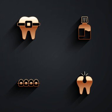 Diş telleri, ağız gargarası ve uzun gölgeli kırık diş ikonu. Vektör