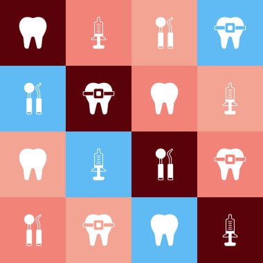 Pop sanat eserlerini diş, şırınga, diş aynası, sonda ve diş teli ikonuyla ayarla. Vektör