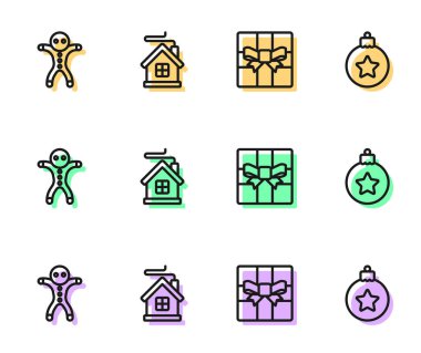 Sıra Hediye Kutusu, Bayram zencefilli kurabiye, Mutlu Noeller evi ve balo ikonu. Vektör