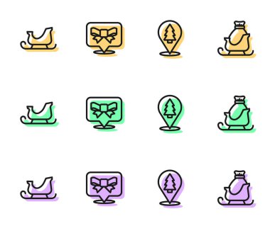 Noel ağacı, Noel Baba kızağı, hediye yayı ve ikon. Vektör