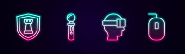 Satranç kalkanı, VR kontrol oyunu, sanal gerçeklik gözlükleri ve bilgisayar faresi. Parlayan neon ikonu. Vektör