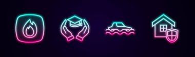 Hattı ateşe verin, eğitim ödeneği, su baskını arabası ve kalkanlı ev. Parlayan neon ikonu. Vektör
