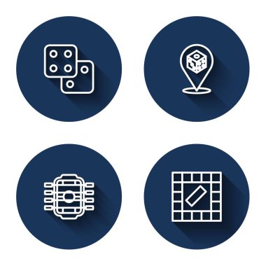 Çizgi oyunu zarları, masa futbolu ve uzun gölgeli masa oyunu. Mavi daire düğmesi. Vektör