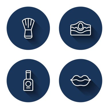 Makyaj fırçası, sivilce, bir şişe tırnak cilası ve uzun gölgeli gülen dudaklar. Mavi daire düğmesi. Vektör