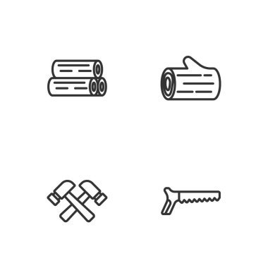 El testeresi, çapraz çekiç, tahta kütük ve ikon. Vektör