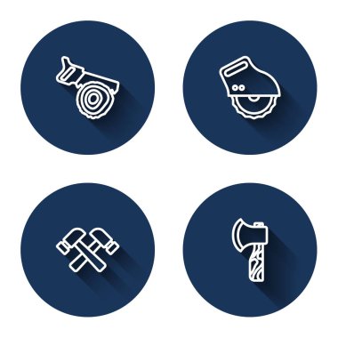 El testeresi ve kütüğü ayarla, elektrikli daire, çapraz çekiç ve uzun gölgeli tahta balta. Mavi daire düğmesi. Vektör