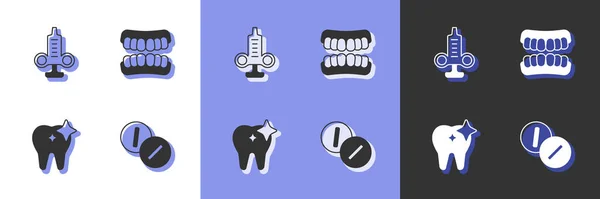 Definir Dor Dente Comprimido Analgésico Seringa Clareamento Ícone Modelo Dentures —  Vetores de Stock