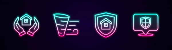 Set Line House Hand Tornado Shield Location Glowing Neon Icon — Stock Vector