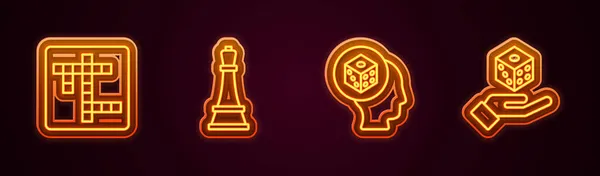Set Line Crossword Chess Game Dice Glowing Neon Icon Vector — Stock Vector