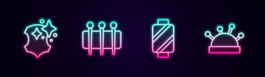 Deri döşeme, dikiş iğnesi, makaraya iplik dikme, yatak ve iğneler. Parlayan neon ikonu. Vektör