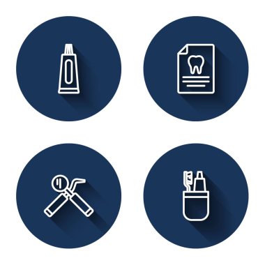 Diş macunu tüpü, diş kartlı pano, diş aynası, sonda ve uzun gölgeli diş fırçası yerleştirin. Mavi daire düğmesi. Vektör