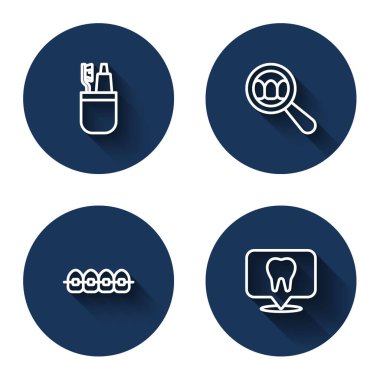 Diş fırçası ve diş macunu, diş macunu, diş teli ve uzun gölgeli klinik konumu ayarla. Mavi daire düğmesi. Vektör
