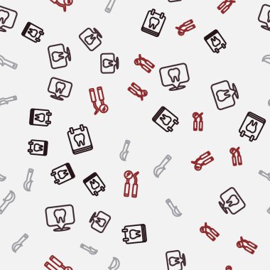 Takvimi diş, diş hekiminin yeri, diş ipi ve ayna ile ayarla ve kusursuz desen üzerinde araştırma yap. Vektör