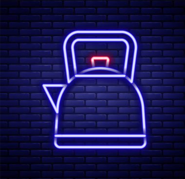 Parlayan neon hattı Kettle, tuğla duvar arka planında ikon izole edilmiş. Çaydanlık ikonu. Renkli taslak konsepti. Vektör