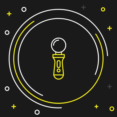 Satır VR denetleyici oyun simgesi siyah arkaplanda izole edildi. Sanal gerçeklik deneyimi, mevcudiyet hissi, konum takip teknolojisi cihazı. Renkli taslak konsepti. Vektör