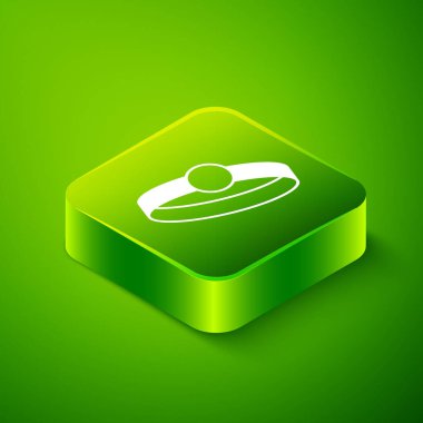 Isometric Diamond nişan yüzüğü ikonu yeşil arka planda izole edilmiş. Yeşil kare düğmesi. Vektör