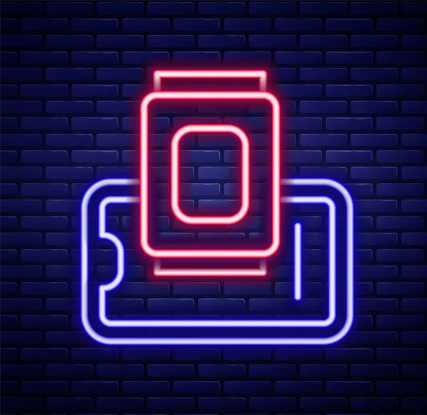 Leuchtende Neon-Linie Lebensmittelbestellung auf mobilen Symbol isoliert auf Ziegelwand Hintergrund. Bestellung per Handy. Restaurantfutterlieferkonzept. Buntes Rahmenkonzept. Vektor — Stockvektor
