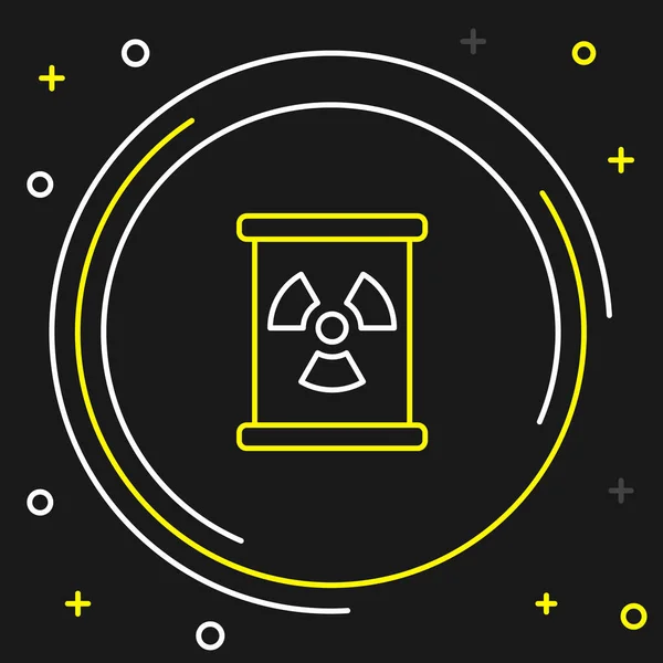 Line Radioactive waste in barrel icon isolated on black background. Toxic refuse keg. Radioactive garbage emissions, environmental pollution. Colorful outline concept. Vector — Stock Vector