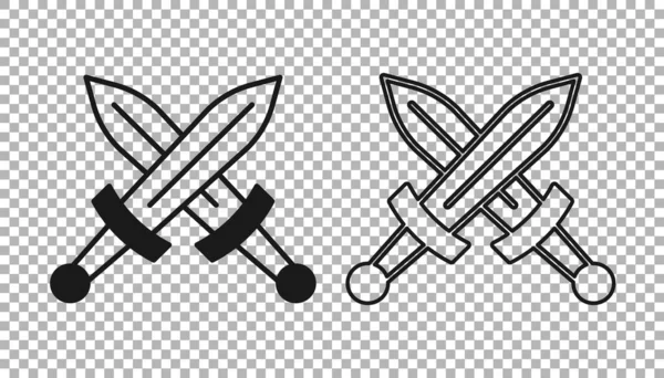 Black Crossed middeleeuws zwaard icoon geïsoleerd op transparante achtergrond. Middeleeuws wapen. Vector — Stockvector