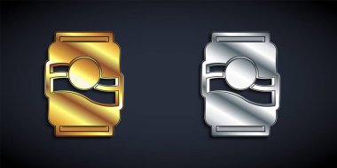 Siyah arka planda altın ve gümüş soda ikonu izole edildi. Uzun gölge tarzı. Vektör